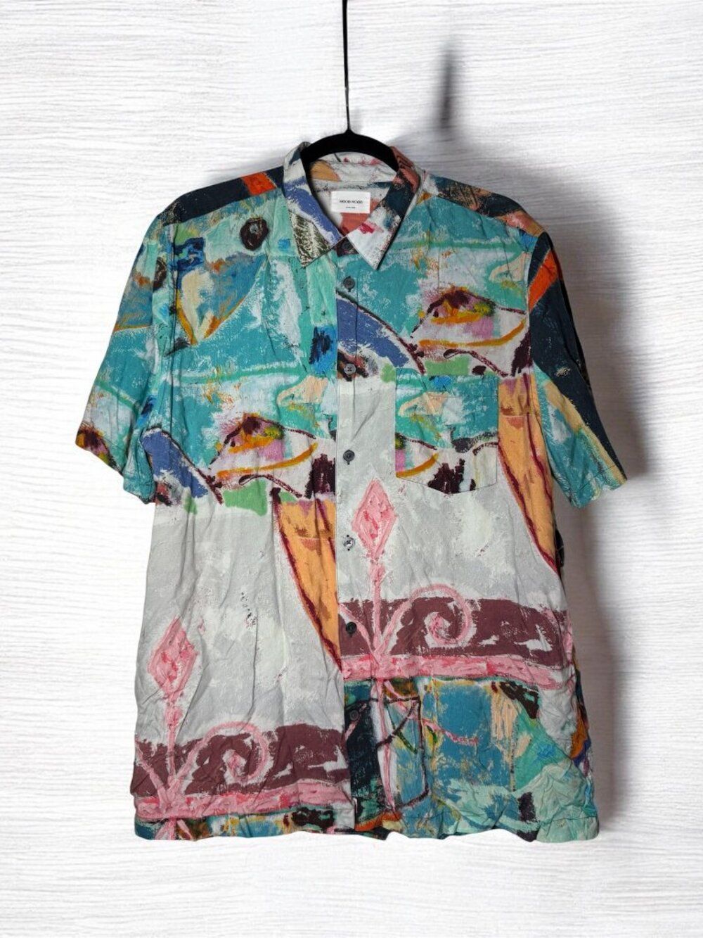Wood Wood Jon Pilkington Thor Shirt Multicolor Satin Size XL Abstract Watercolor
